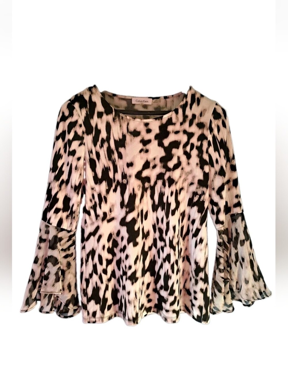 Calvin Klein Black and White Modern Abstract Tiered Bell Sleeve Blouse, XS